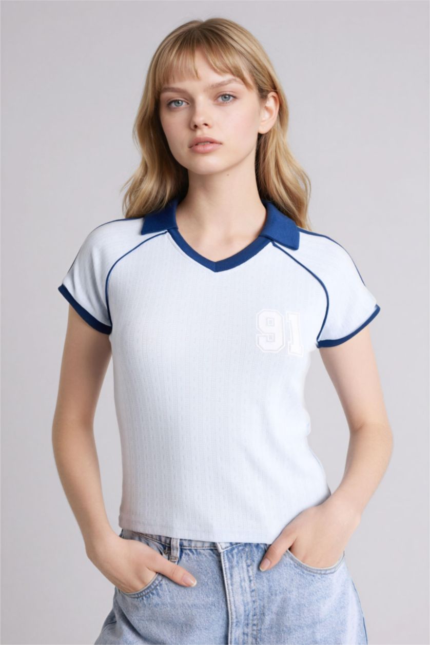 Женщины Светло-синий Футболка Fitted с принтом и коротким рукавом