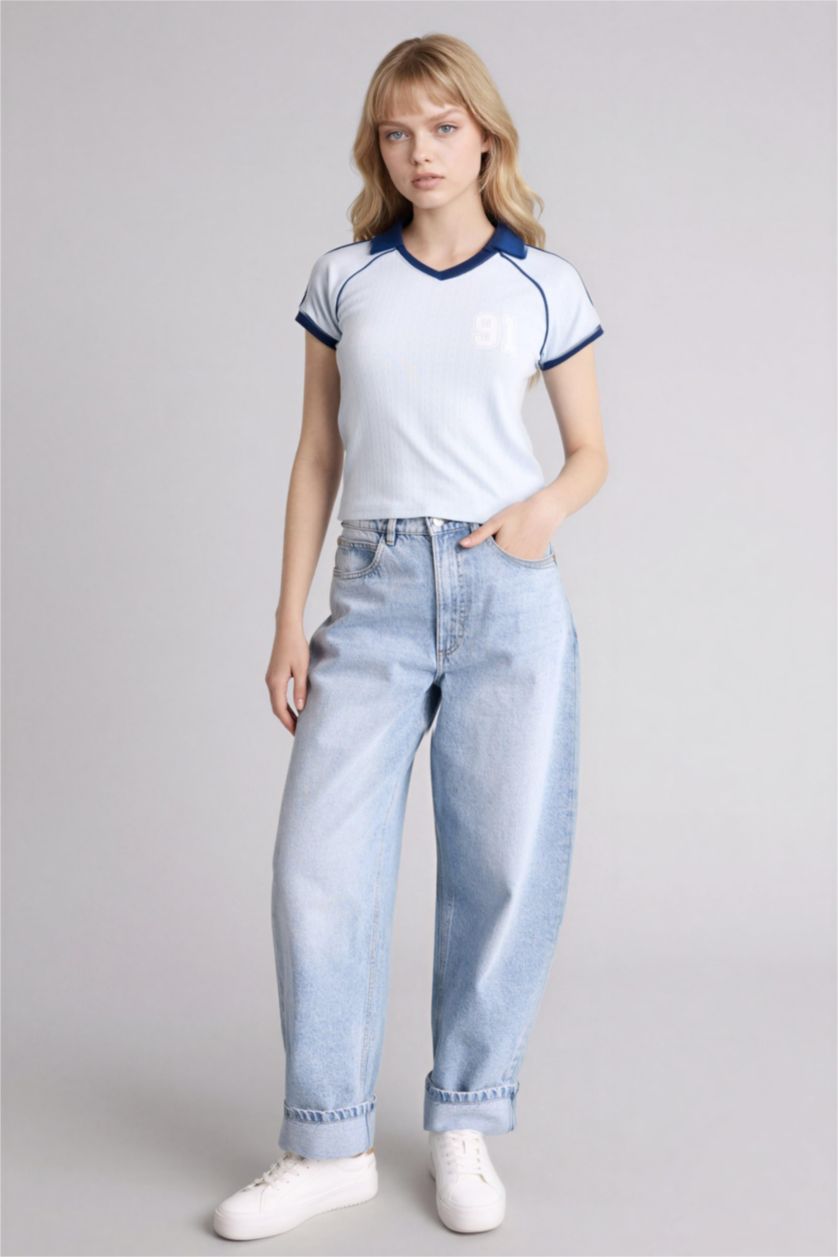 Женщины Светло-синий Футболка Fitted с принтом и коротким рукавом