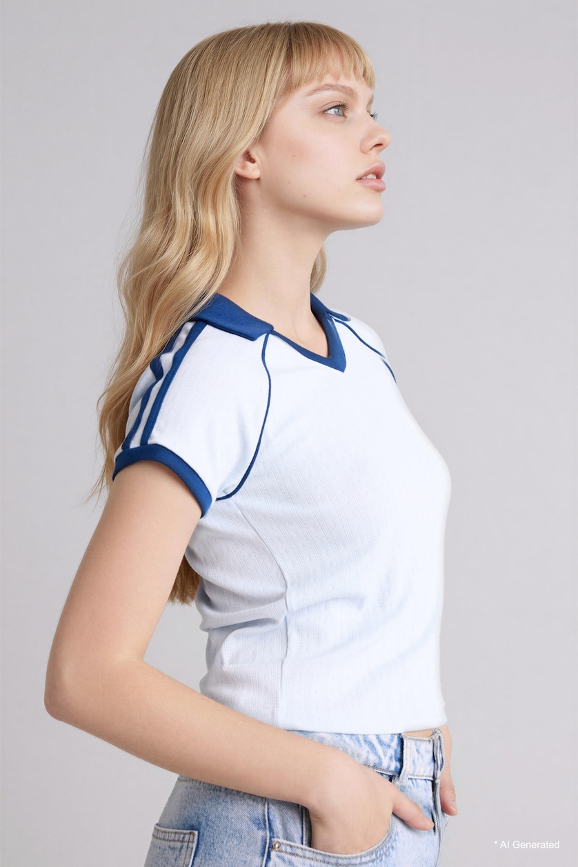 WOMAN Light Blue Fitted Printed Short Sleeve T-Shirt