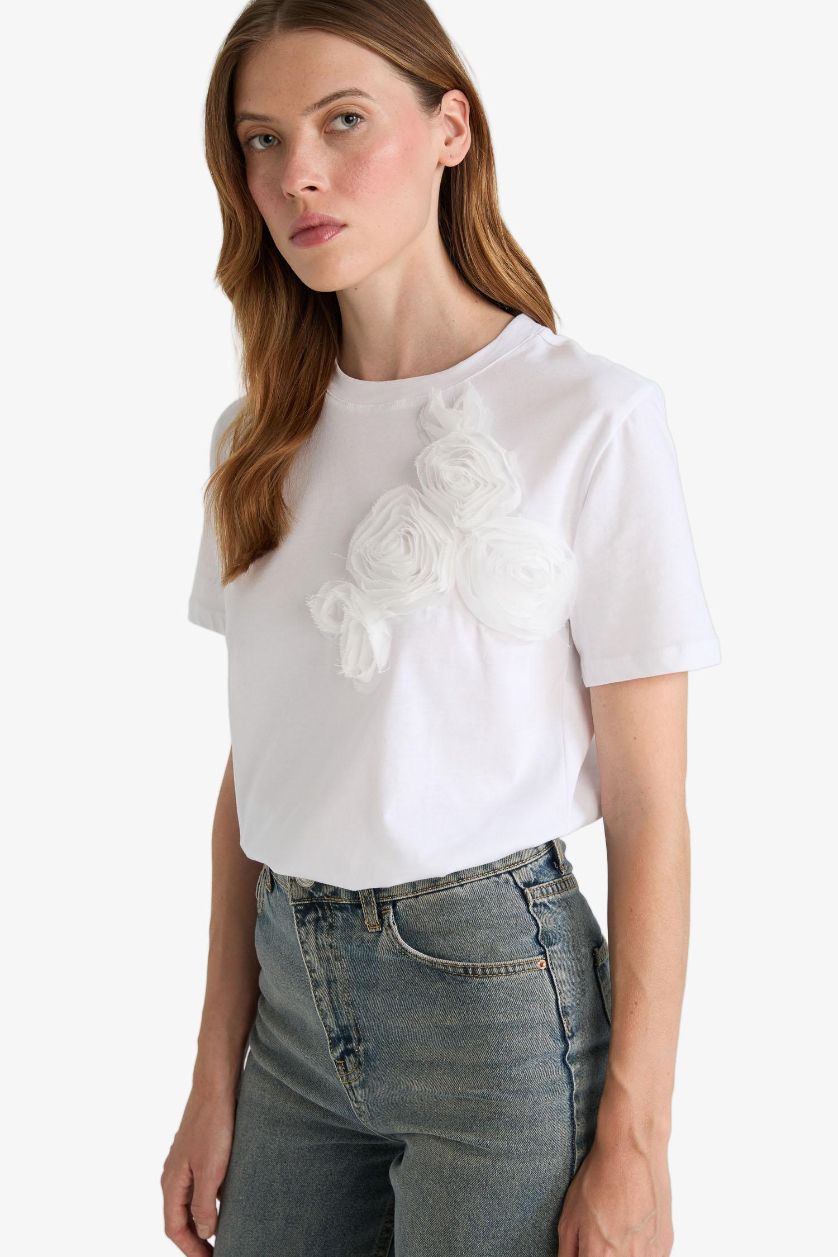 FEMME Blanc T-shirt en coton peigné à fleurs 3D Col rond Coupe décontractée