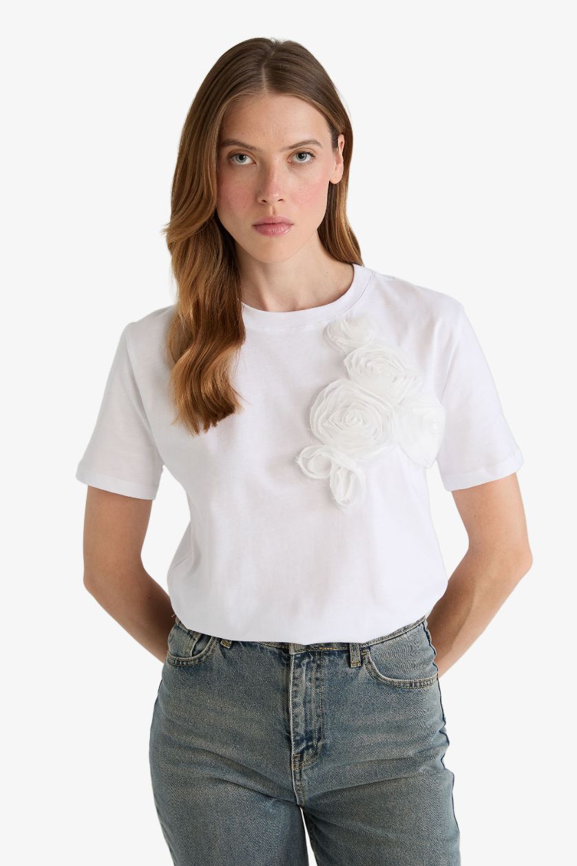 FEMME Blanc T-shirt en coton peigné à fleurs 3D Col rond Coupe décontractée
