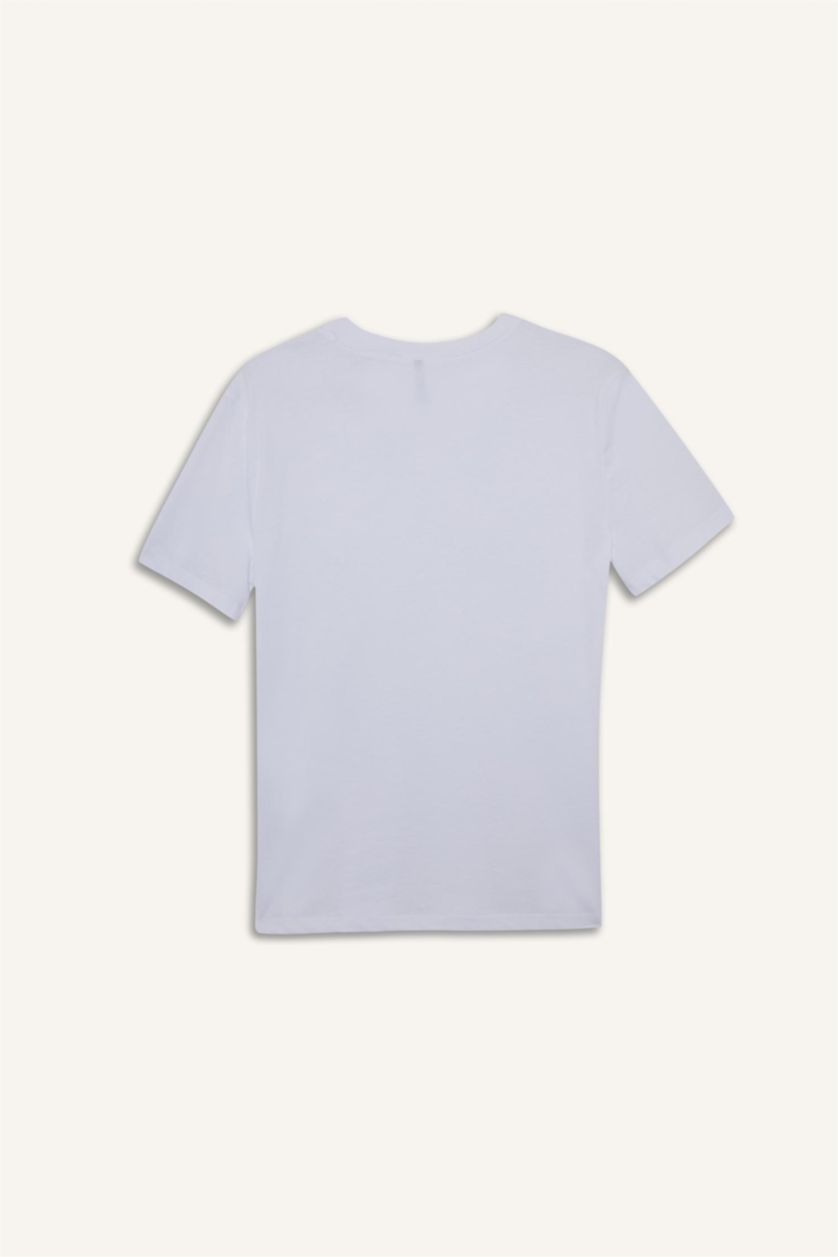 Kadın Beyaz %100 Pamuk Relax Fıt Bisiklet Yaka İşlemeli Penye Tişört