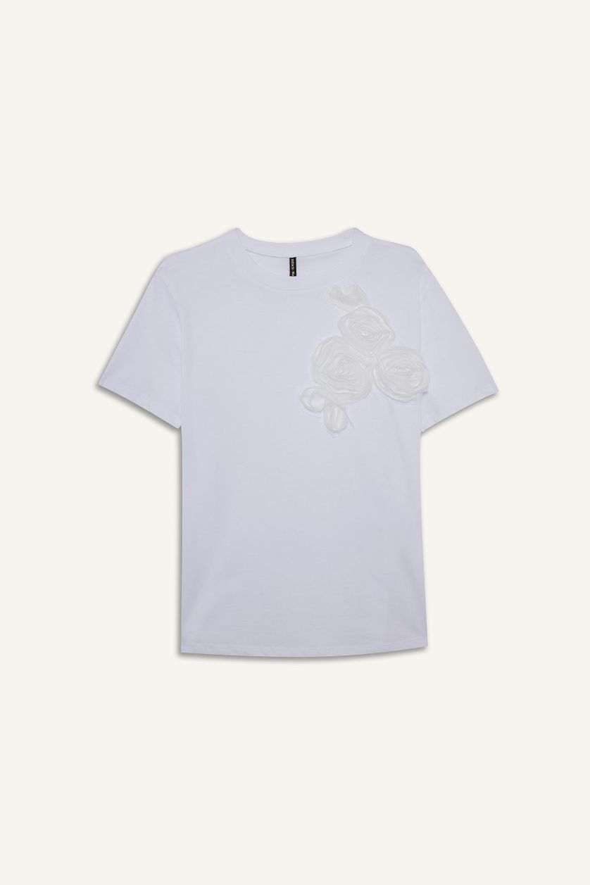 FEMME Blanc T-shirt en coton peigné à fleurs 3D Col rond Coupe décontractée