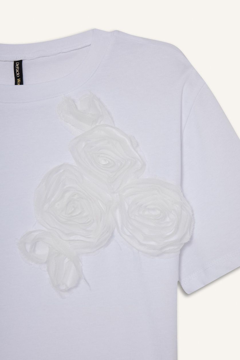 FEMME Blanc T-shirt en coton peigné à fleurs 3D Col rond Coupe décontractée
