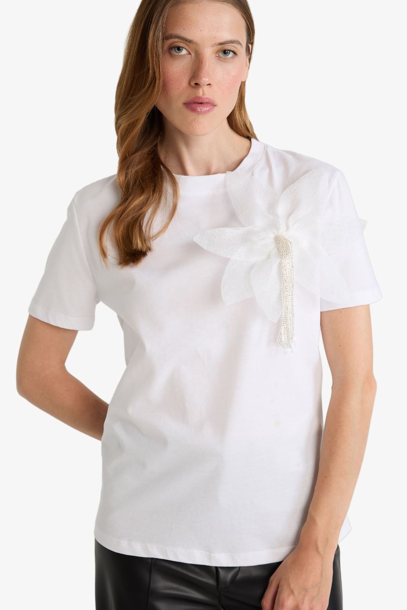 FEMME Blanc T-shirt en coton peigné à fleur 3D Col rond Coupe décontractée