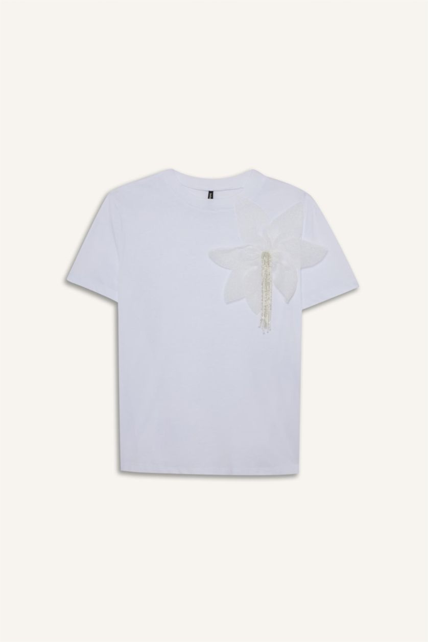 Kadın Beyaz %100 Pamuk Relax Fıt Bisiklet Yaka İşlemeli Penye Tişört