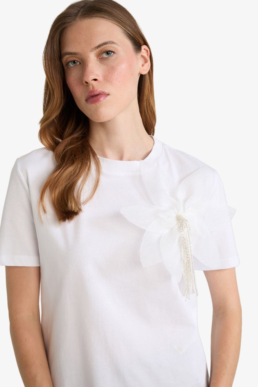 FEMME Blanc T-shirt en coton peigné à fleur 3D Col rond Coupe décontractée