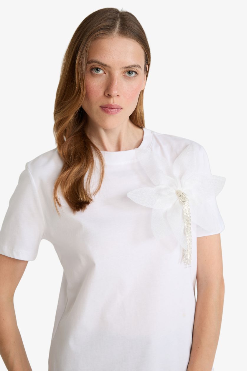 FEMME Blanc T-shirt en coton peigné à fleur 3D Col rond Coupe décontractée
