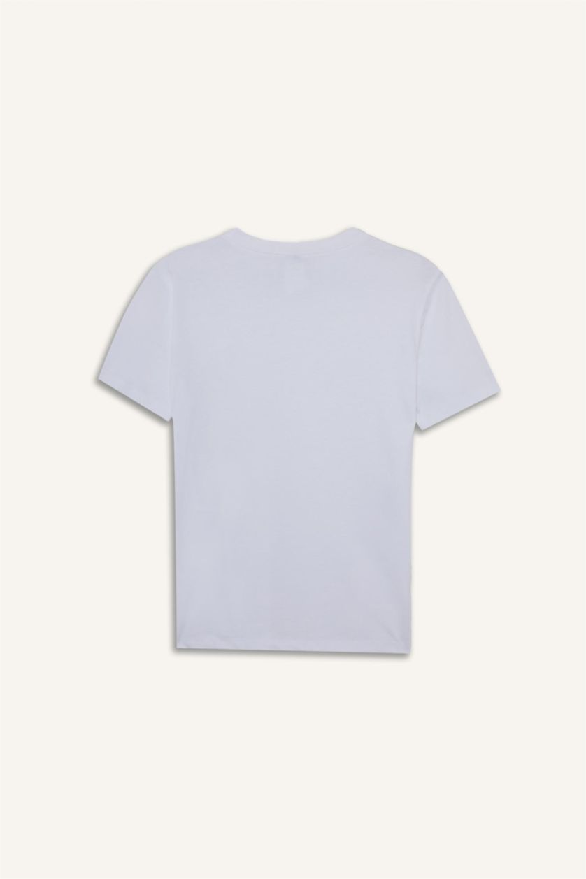 Kadın Beyaz %100 Pamuk Relax Fıt Bisiklet Yaka İşlemeli Penye Tişört