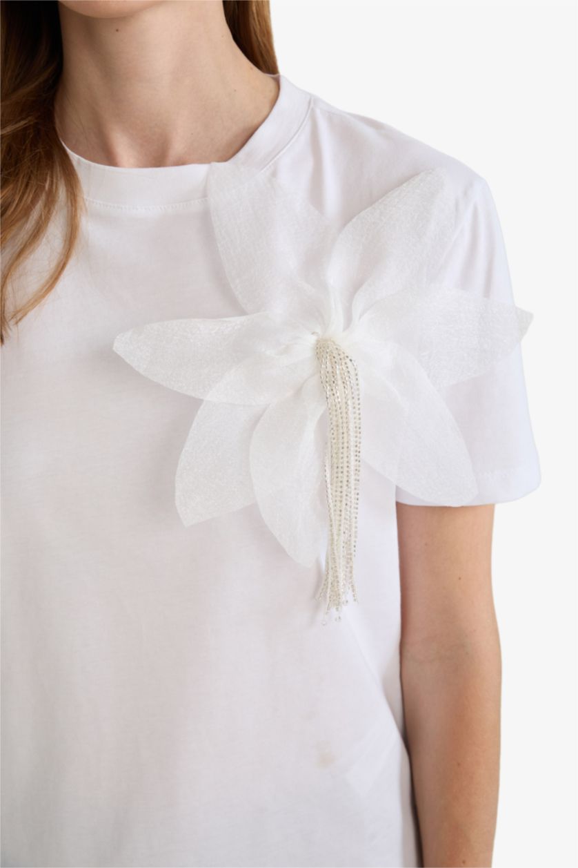 FEMME Blanc T-shirt en coton peigné à fleur 3D Col rond Coupe décontractée