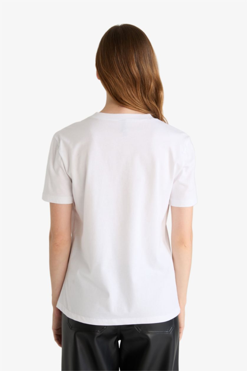 FEMME Blanc T-shirt en coton peigné à fleur 3D Col rond Coupe décontractée