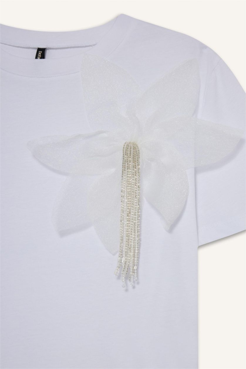 FEMME Blanc T-shirt en coton peigné à fleur 3D Col rond Coupe décontractée