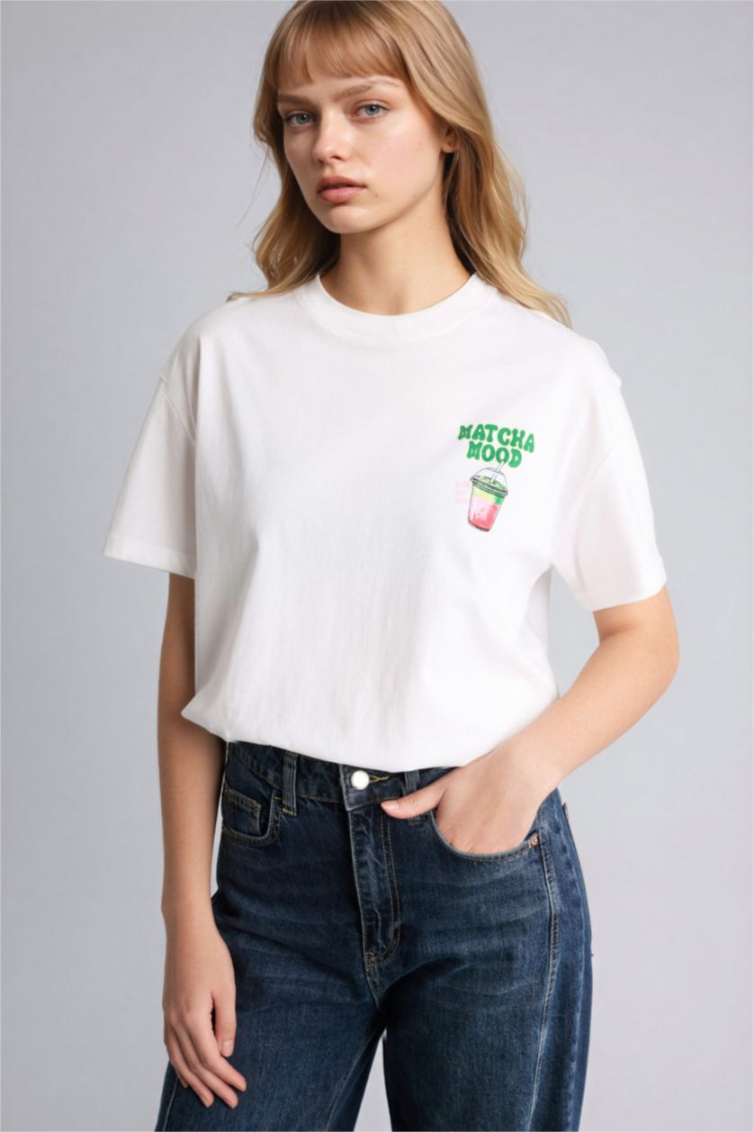 Kadın Kırık Beyaz Oversıze Bisiklet Yaka Baskılı Kısa Kollu Tişört