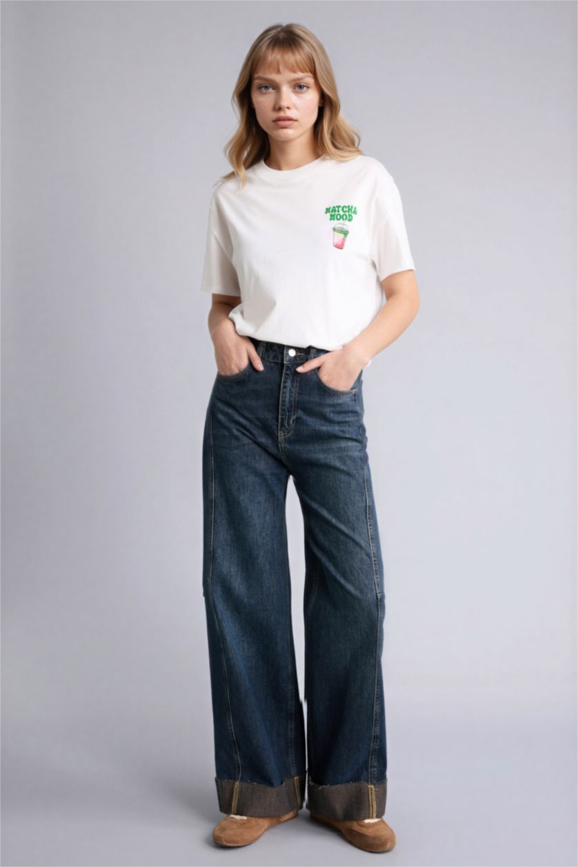 Kadın Kırık Beyaz Oversıze Bisiklet Yaka Baskılı Kısa Kollu Tişört