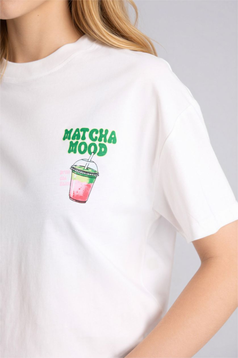 Kadın Kırık Beyaz Oversıze Bisiklet Yaka Baskılı Kısa Kollu Tişört