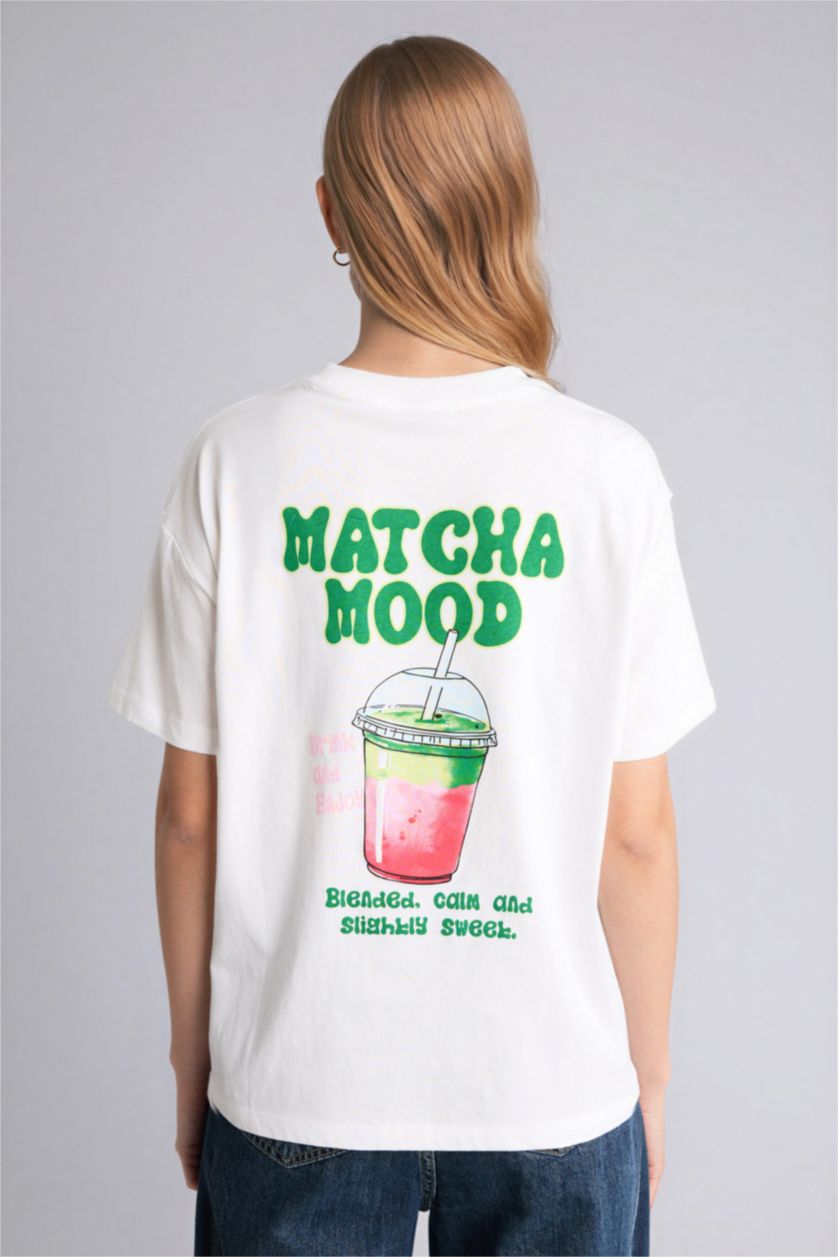 Kadın Kırık Beyaz Oversıze Bisiklet Yaka Baskılı Kısa Kollu Tişört