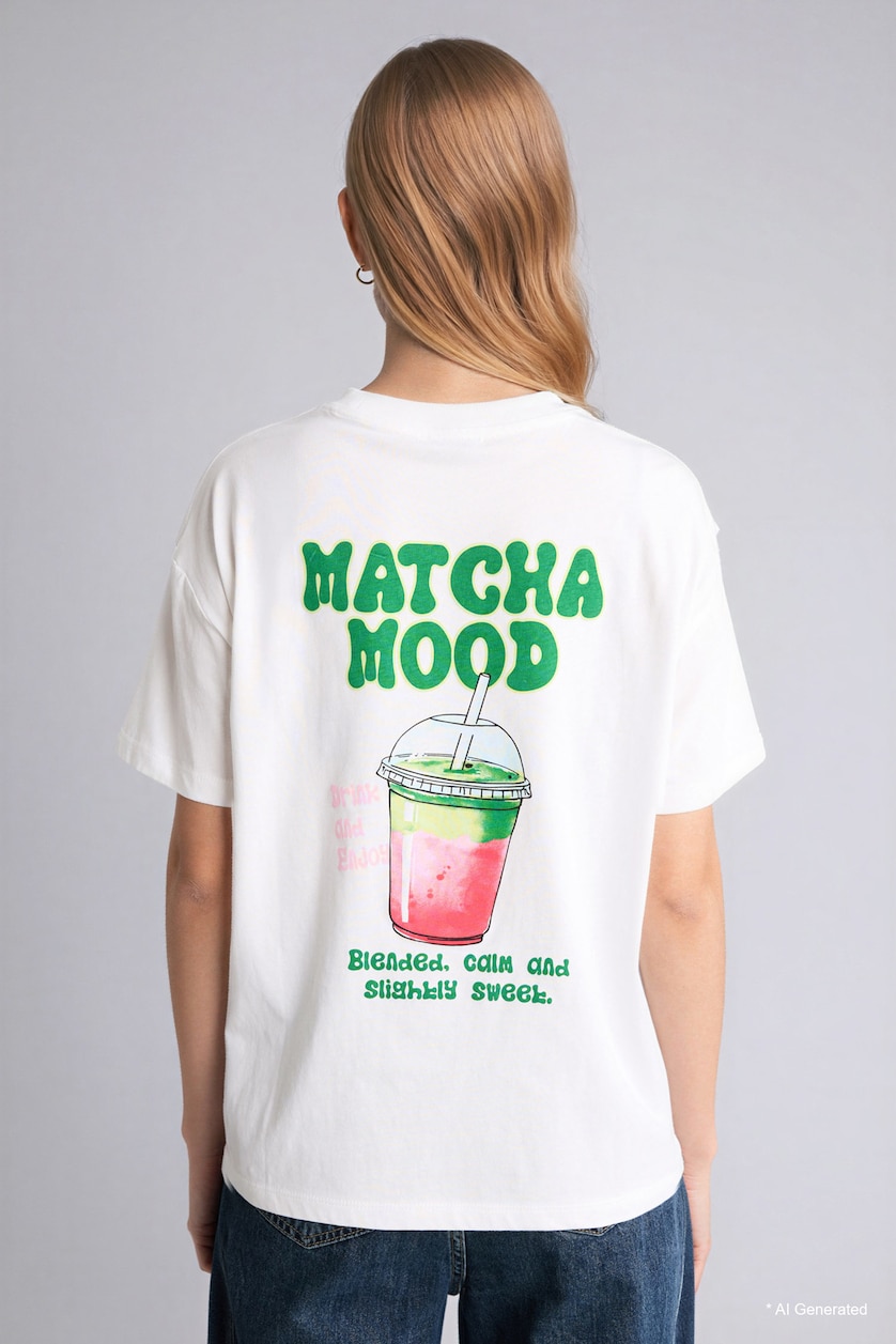Women White Printed Crew Neck Short Sleeved Oversize T-Shirt