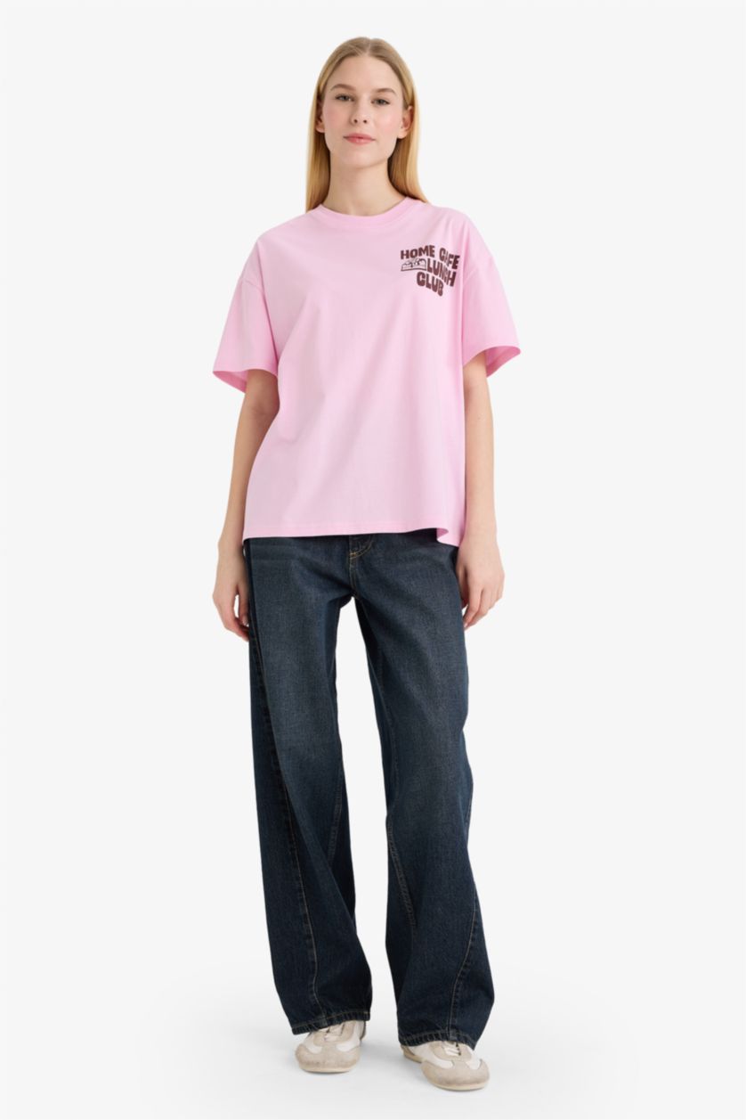 Kadın Açık Pembe Oversıze Sırt Baskılı Tişört