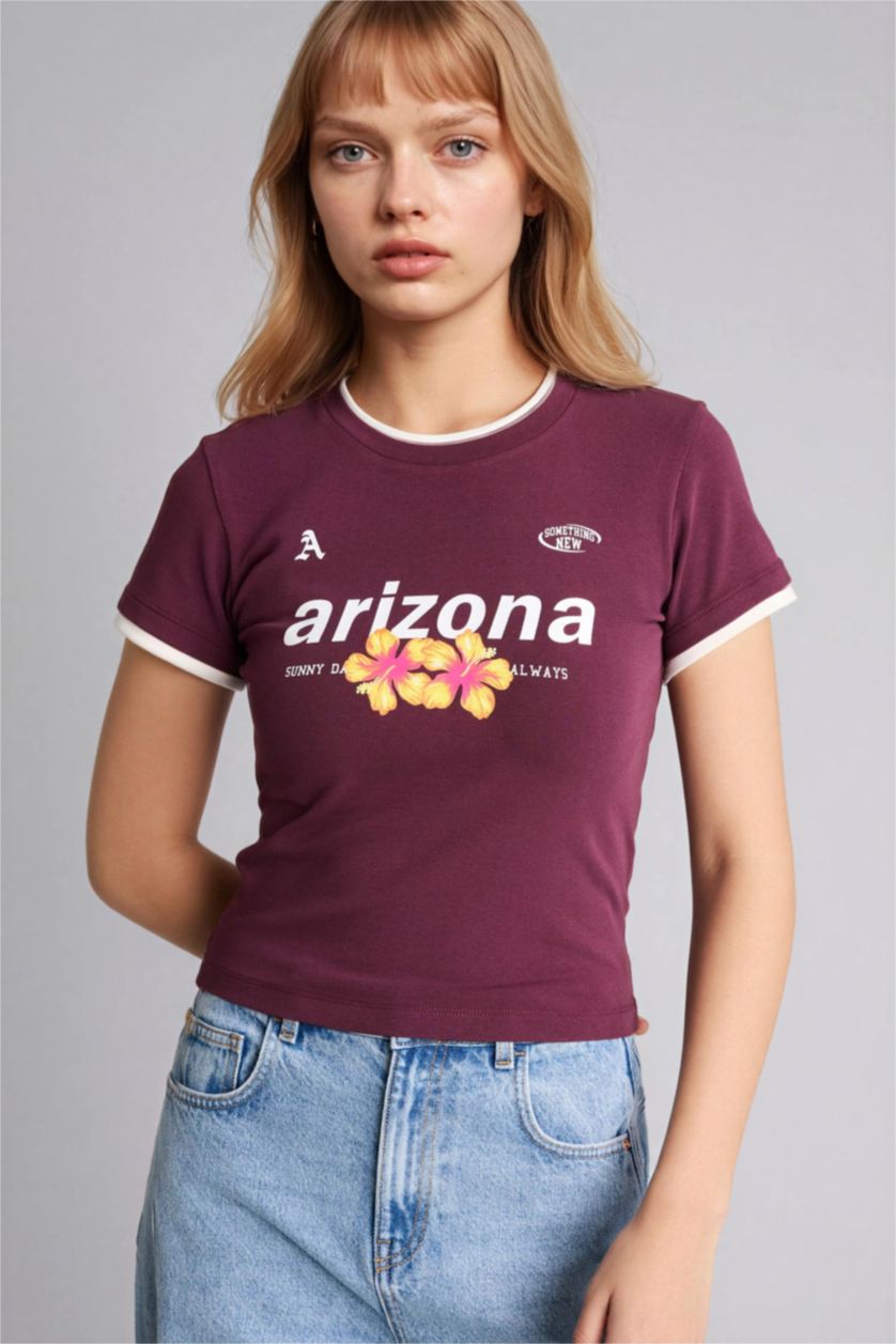 Kadın Bordo Fıtted Baskılı Ribana Tişört