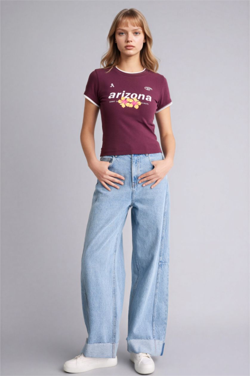 Kadın Bordo Fıtted Baskılı Ribana Tişört