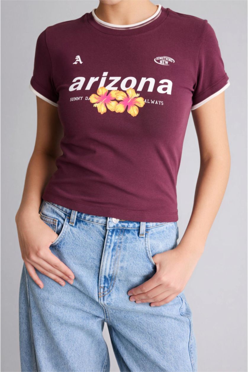 Kadın Bordo Fıtted Baskılı Ribana Tişört