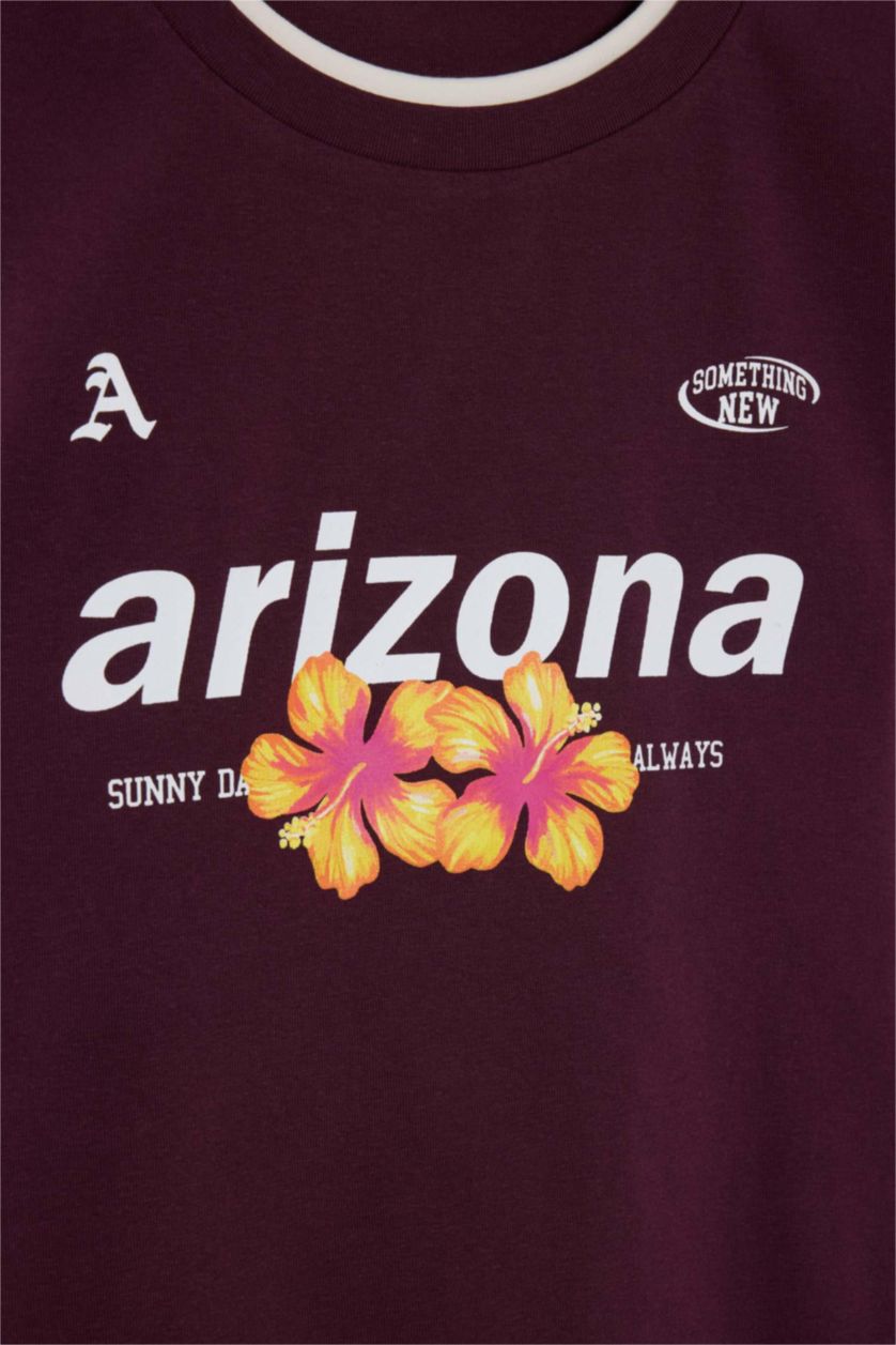 Kadın Bordo Fıtted Baskılı Ribana Tişört