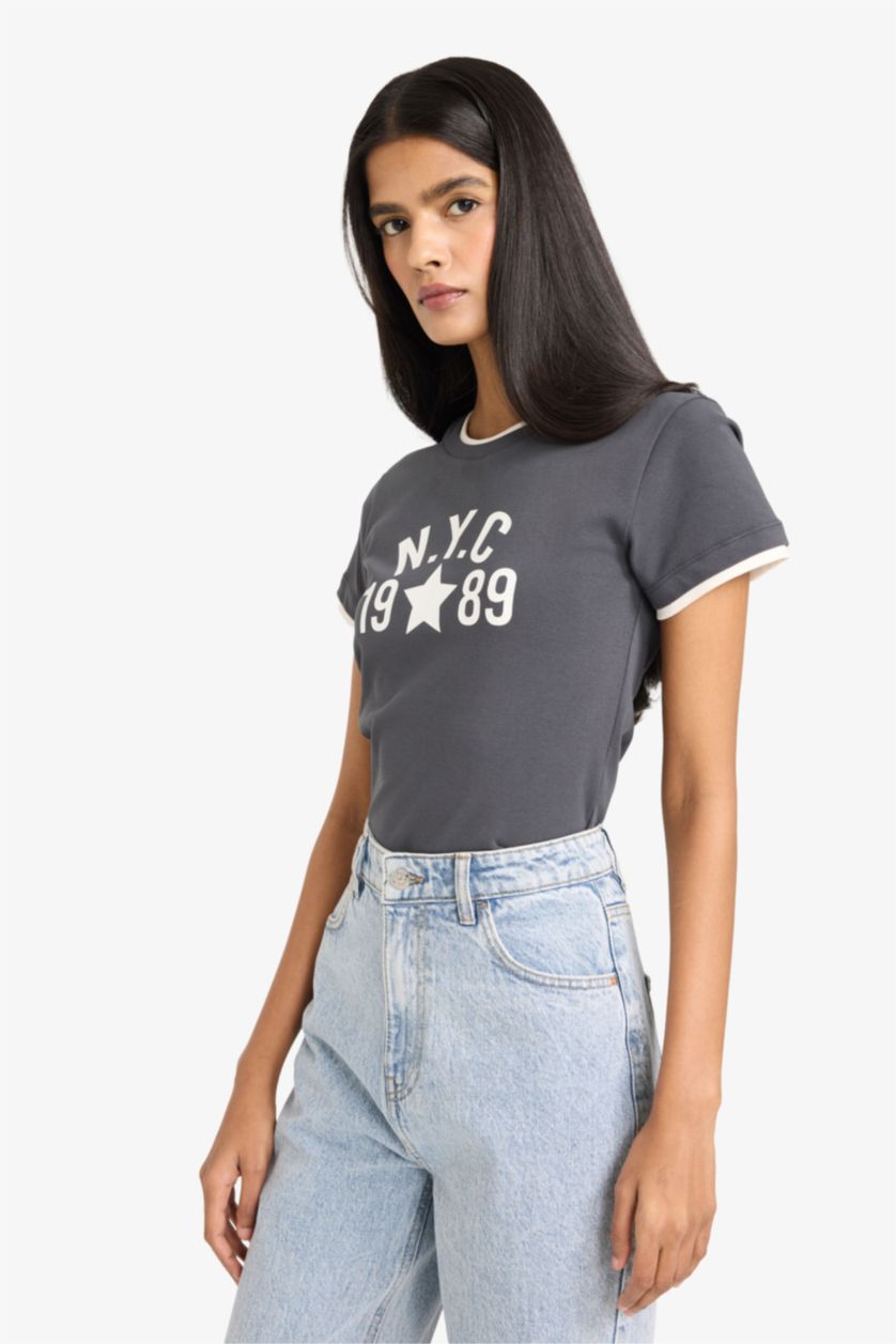 Женщины Антрацит Футболка Fitted в рубчик с круглым вырезом принтом и коротким рукавом