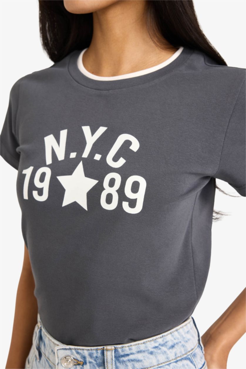 Женщины Антрацит Футболка Fitted в рубчик с круглым вырезом принтом и коротким рукавом