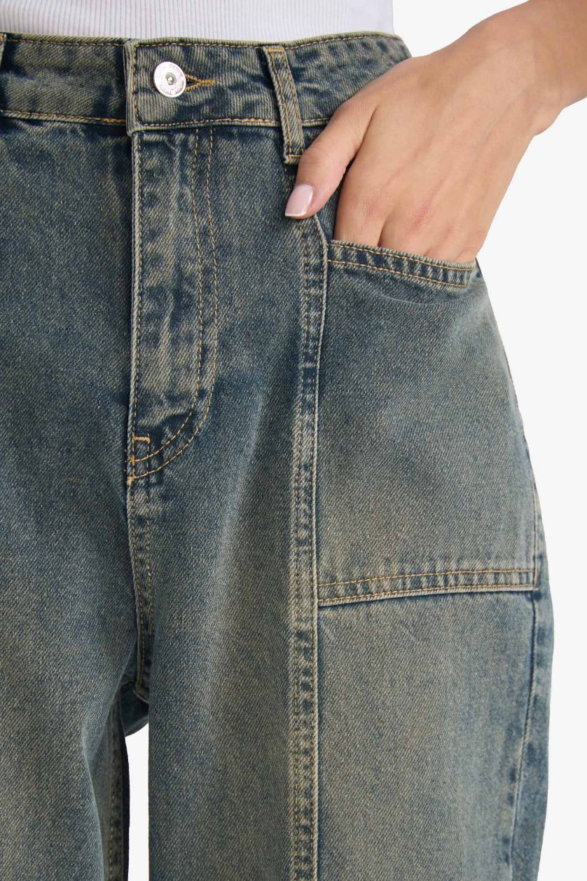 نساء أزرق بنطرون جينز وايد ليج برجل واسع بخصر عالي وتأثير باهت