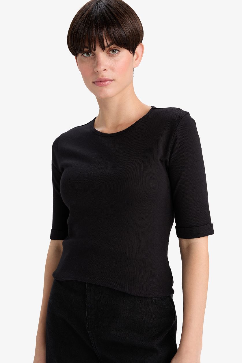 Kadın Siyah Slım Fıt Bisiklet Yaka Fitilli Kaşkorse Kısa Kollu Tişört