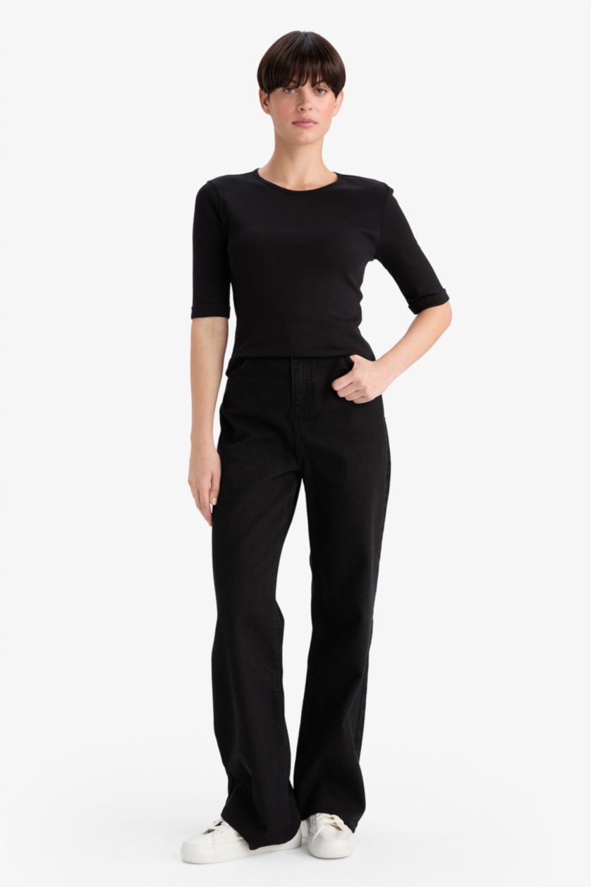 Kadın Siyah Slım Fıt Bisiklet Yaka Fitilli Kaşkorse Kısa Kollu Tişört