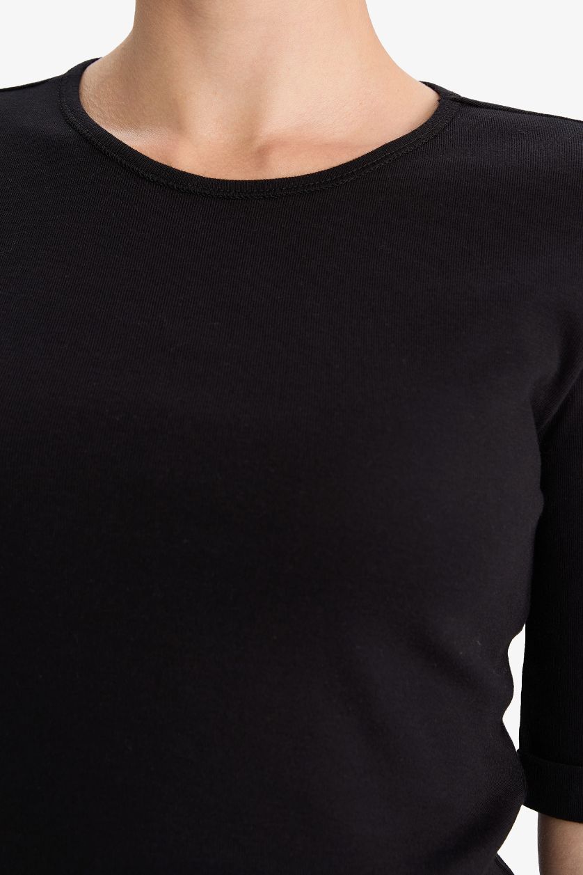 Kadın Siyah Slım Fıt Bisiklet Yaka Fitilli Kaşkorse Kısa Kollu Tişört