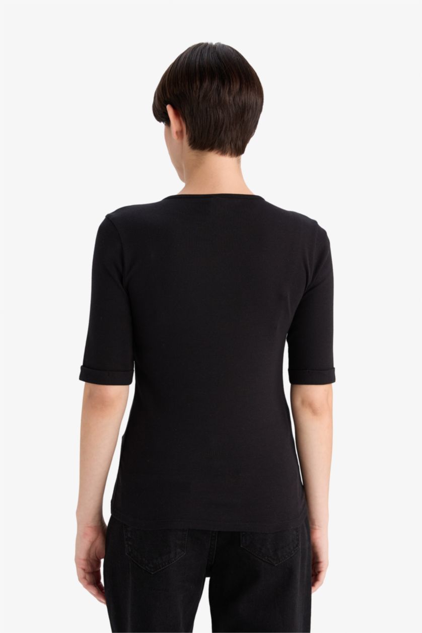 Kadın Siyah Slım Fıt Bisiklet Yaka Fitilli Kaşkorse Kısa Kollu Tişört