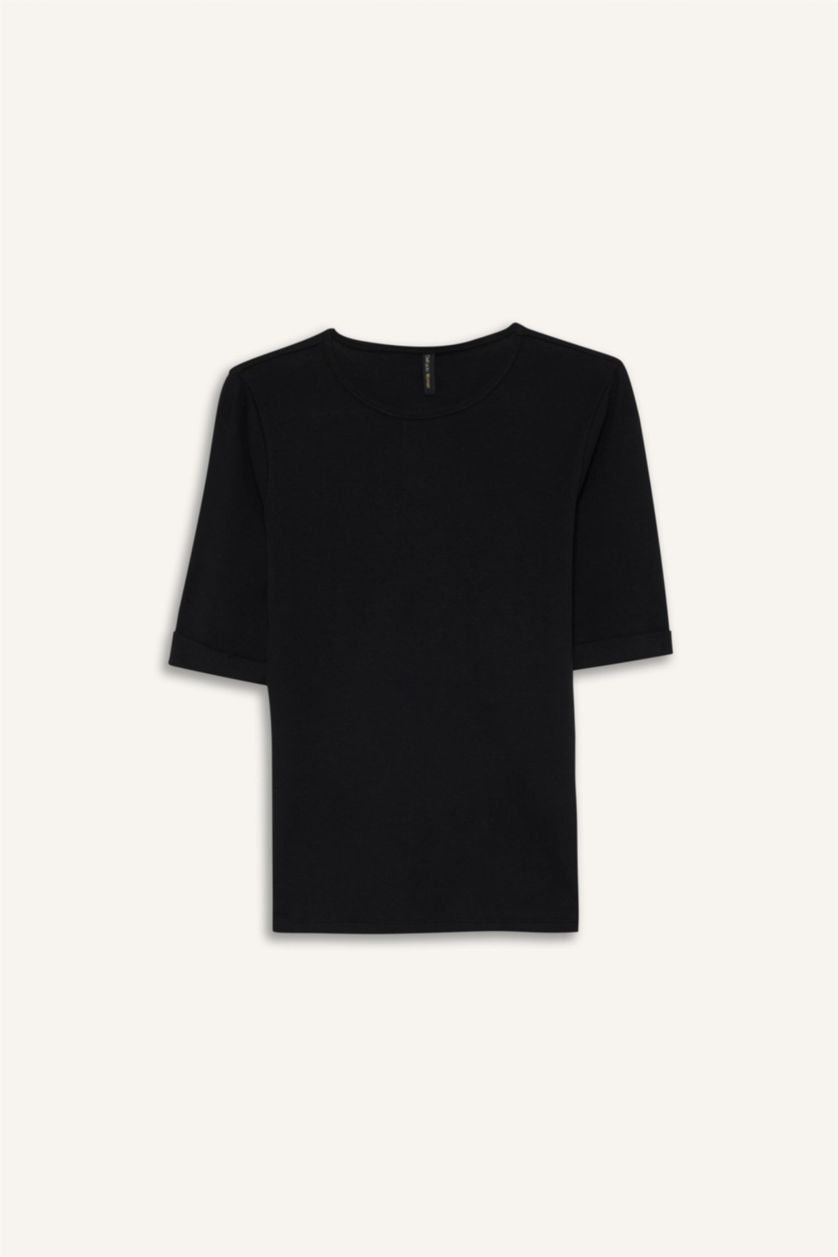 Kadın Siyah Slım Fıt Bisiklet Yaka Fitilli Kaşkorse Kısa Kollu Tişört