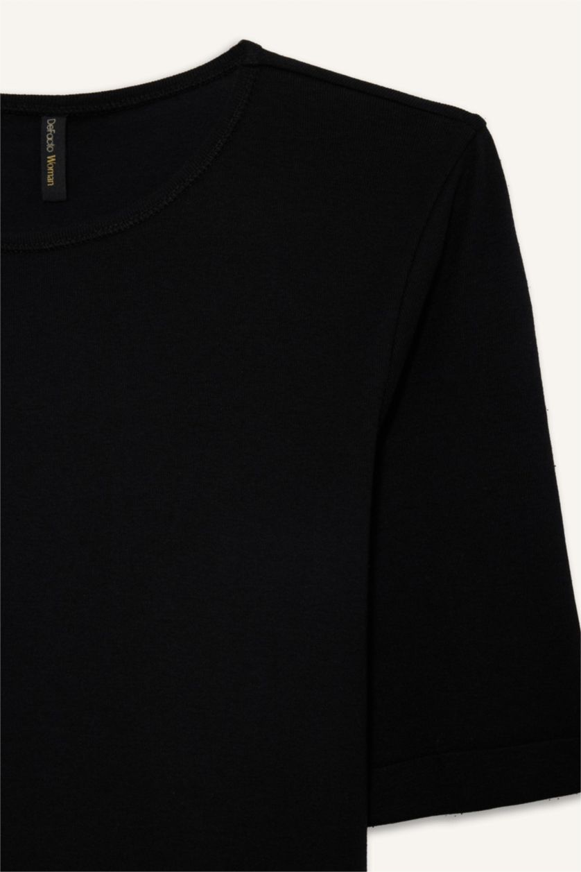 Kadın Siyah Slım Fıt Bisiklet Yaka Fitilli Kaşkorse Kısa Kollu Tişört