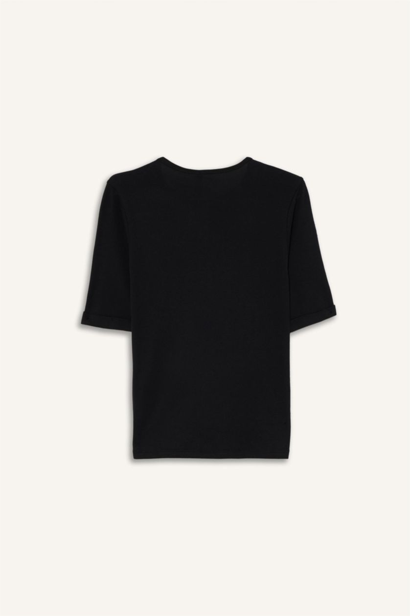 Kadın Siyah Slım Fıt Bisiklet Yaka Fitilli Kaşkorse Kısa Kollu Tişört