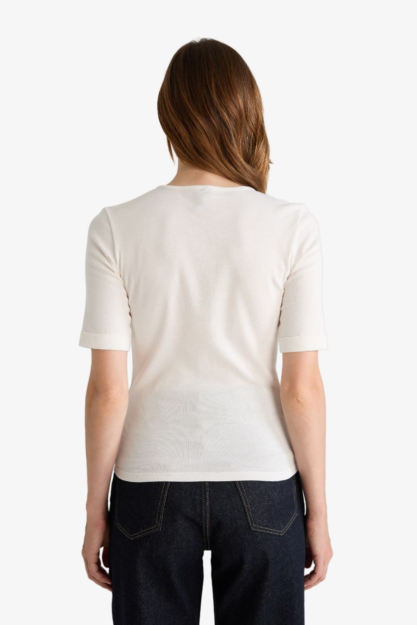 نساء بيج فاتح Slim Fit Crew Neck Ribbed Camisole T-Shirt