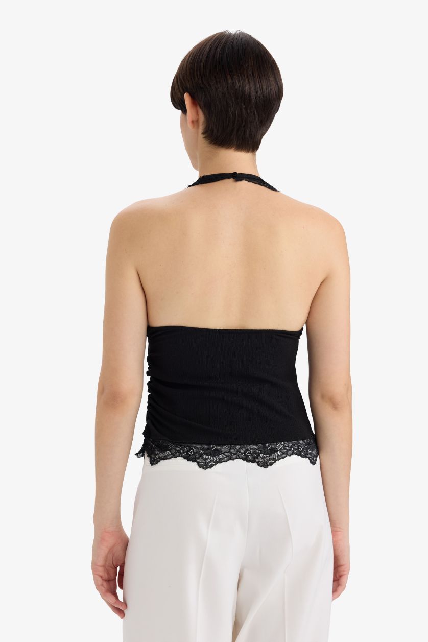 Kadın Siyah Slim Fit Dar Kesim Halter Yaka Bürümcük Bluz