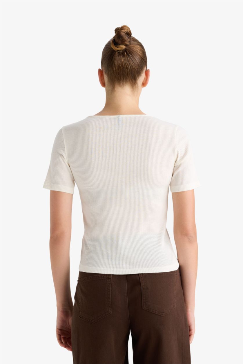 Kadın Ekru %100 Pamuk Slım Fıt V Yaka Fıtilli Kaşkorse Tişört