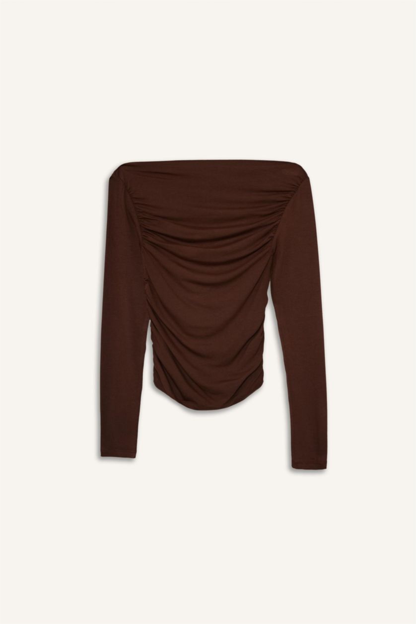 Kadın Kahve Slim Fit Dar Kesim Omzu Açık Uzun Kollu Bluz
