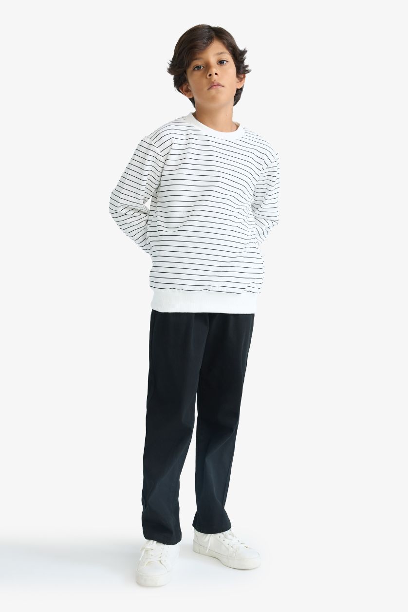 Erkek Çocuk - Genç Erkek Kırık Beyaz Bisiklet Yaka Çizgili Sweatshirt Erkek Çocuk