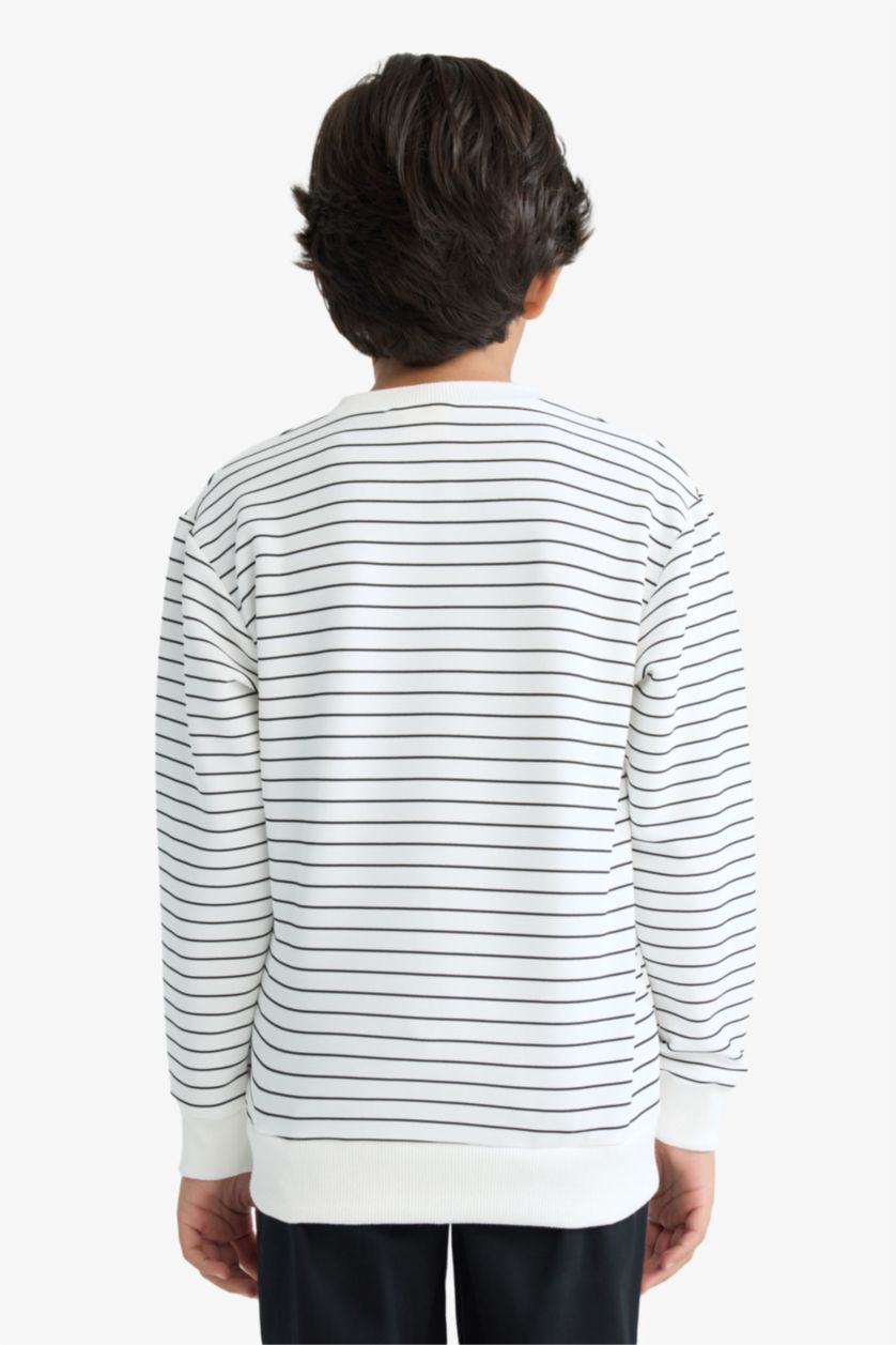 Erkek Çocuk - Genç Erkek Kırık Beyaz Bisiklet Yaka Çizgili Sweatshirt Erkek Çocuk