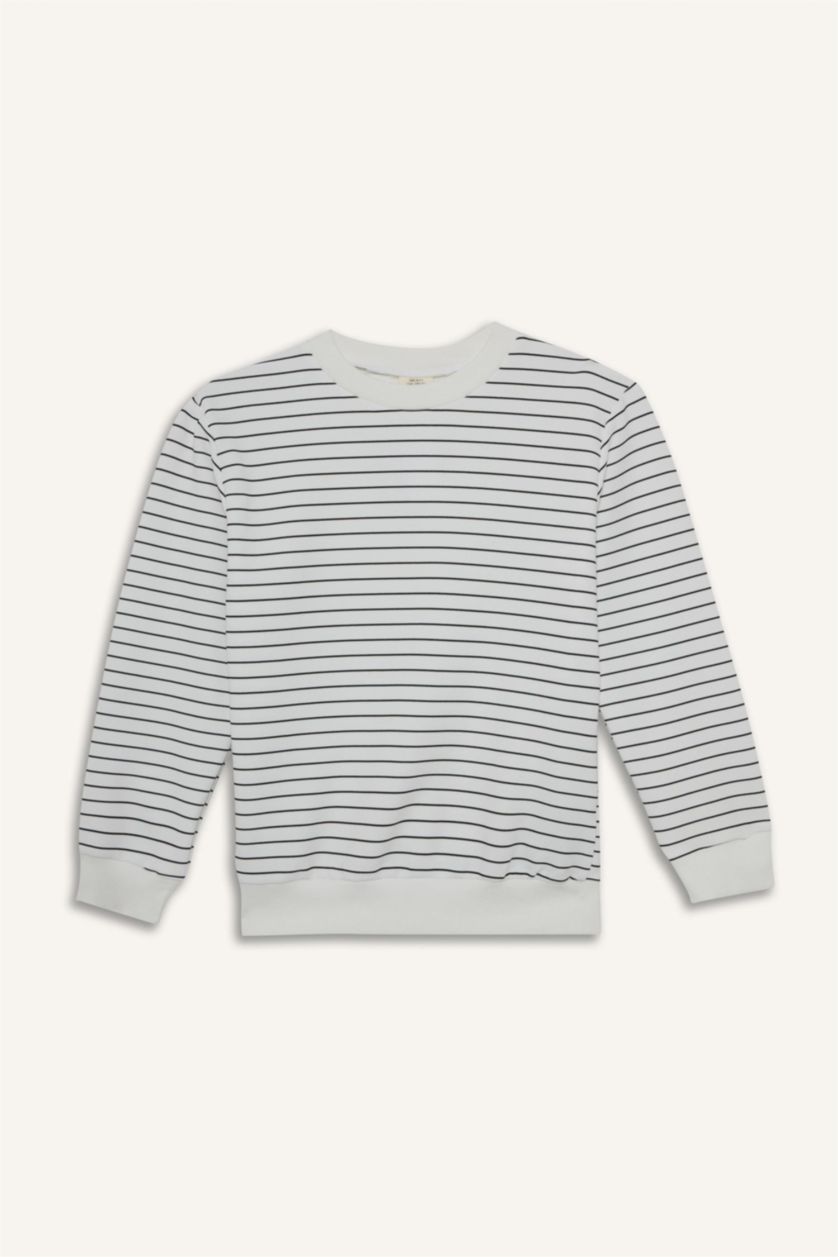 Erkek Çocuk - Genç Erkek Kırık Beyaz Bisiklet Yaka Çizgili Sweatshirt Erkek Çocuk