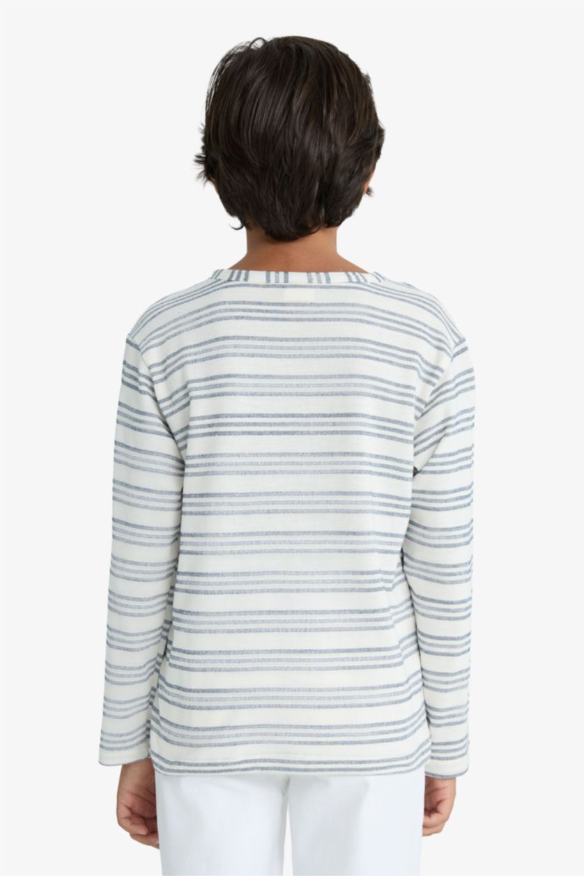 Erkek Çocuk - Genç Erkek Kırık Beyaz Bisiklet Yaka Çizgili Sweatshirt Erkek Çocuk