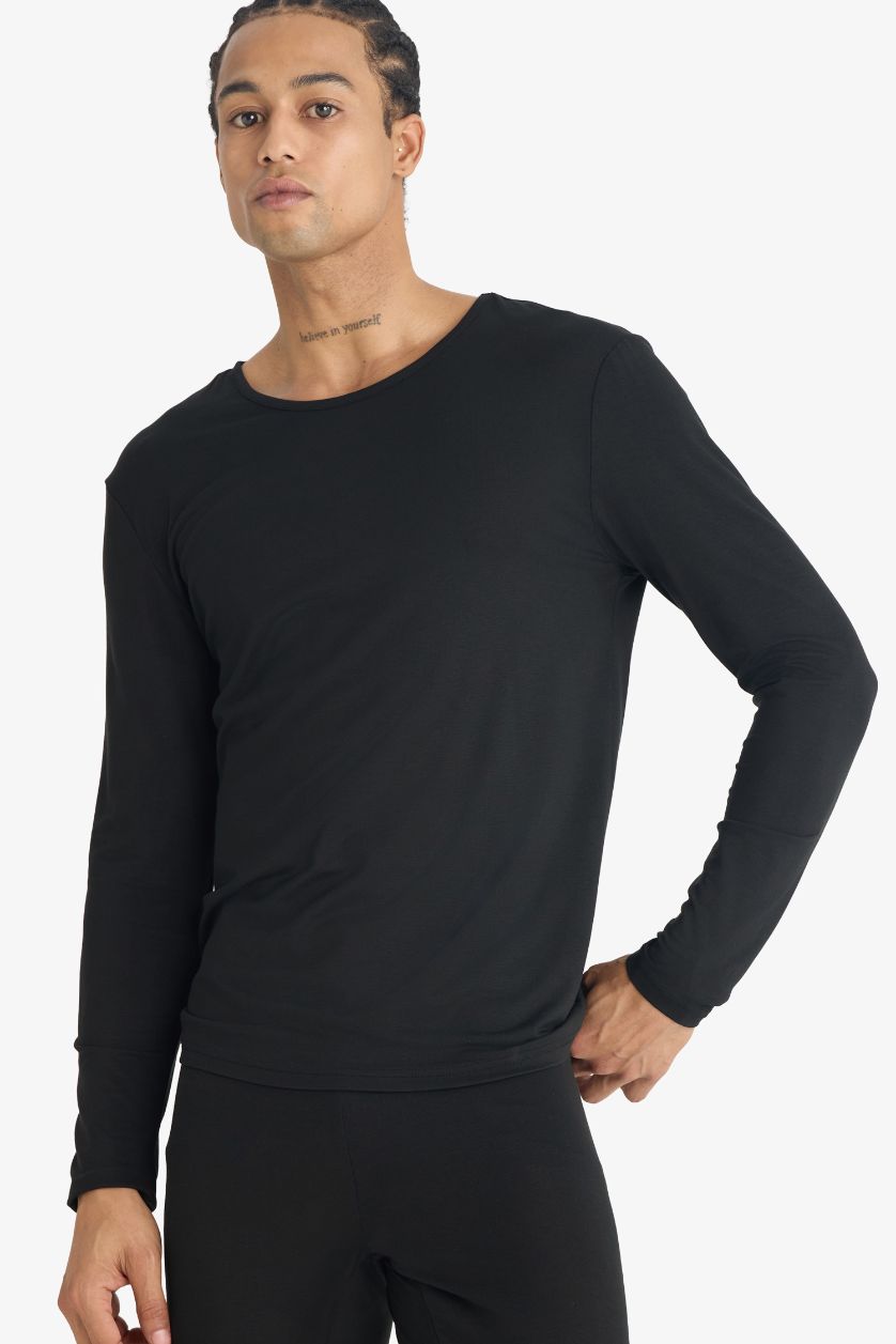 Erkek Siyah Slim Fit Dar Kesim Bisiklet Yaka Uzun Kollu Üst