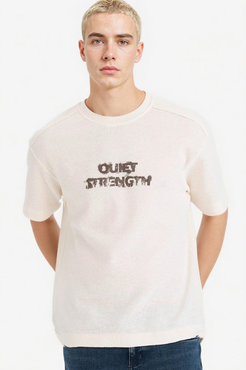 MAN Ecru 100% Cotton Boxy Fit Printed T-shirt