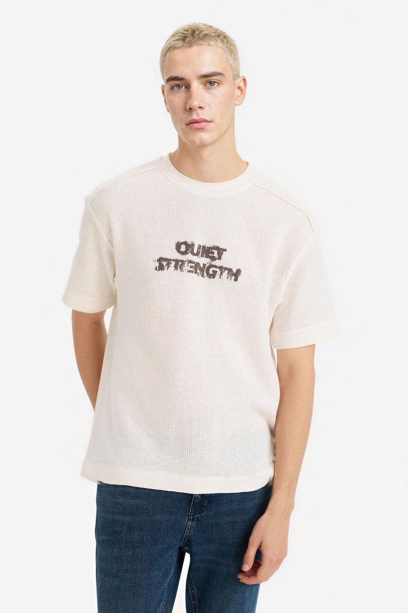 MAN Ecru 100% Cotton Boxy Fit Printed T-shirt