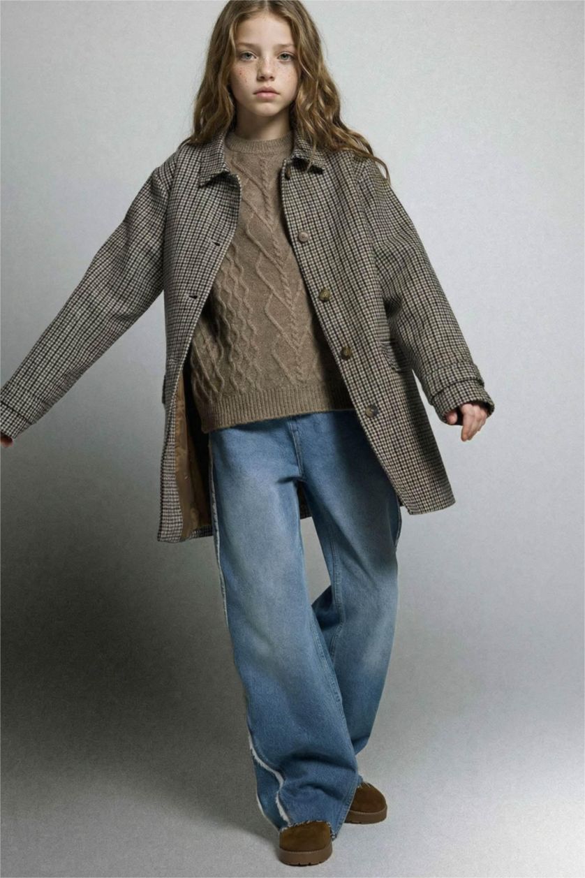 Girls & Teens Beige Girl Shirt Collar Puffer Jacket