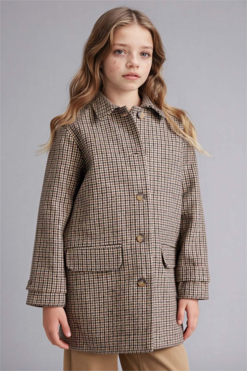 Girls & Teens Beige Girl Shirt Collar Puffer Jacket