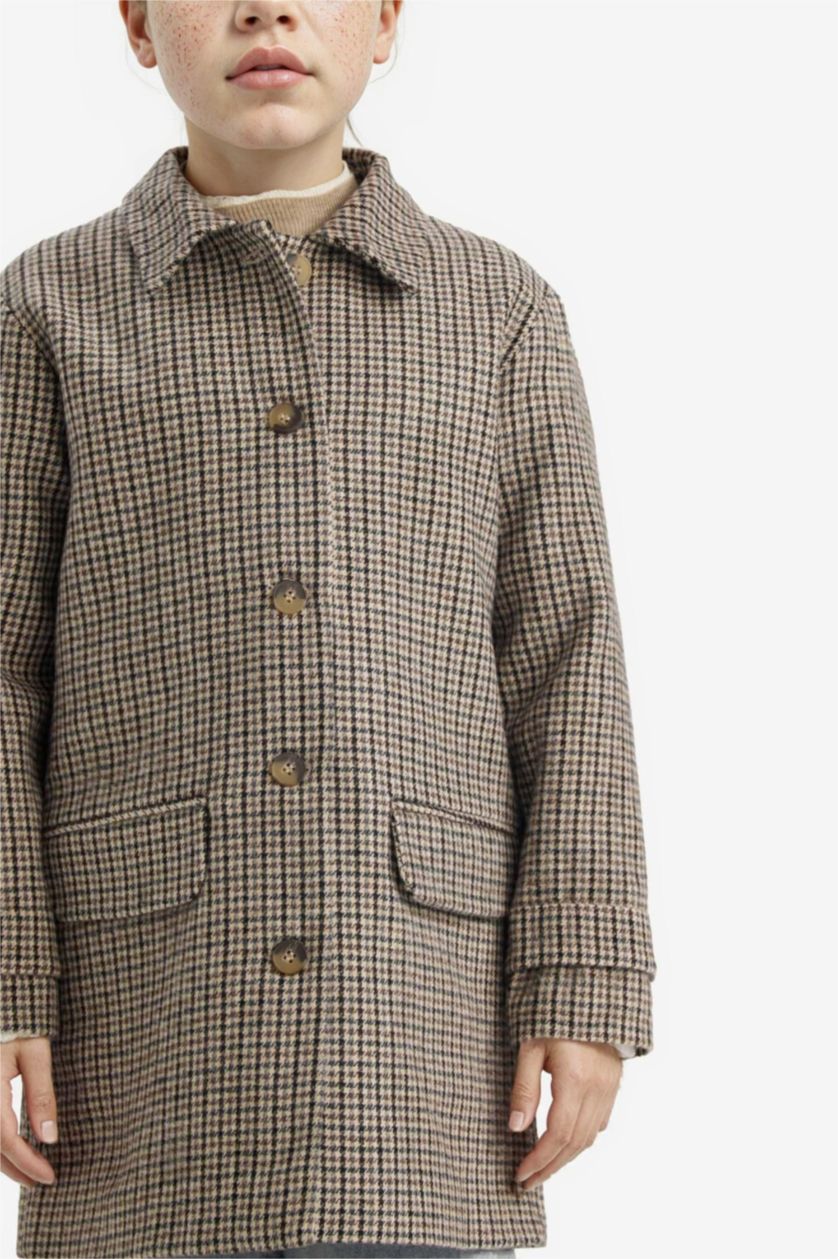 Kız Çocuk - Genç Kız Bej Gömlek Yaka Düğmeli Kareli Kaşe Mont Kız Çocuk